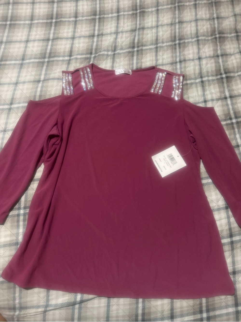 89th & Madison Cold-Shoulder Long Sleeve Top in Plum with Rhinestone Straps